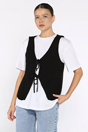 Kadın Ön Bağlamalı Triko Yelek (s-m-l-xl Uyumludur)