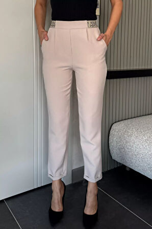 Bel Lastikli Yazı Detaylı Slim Fit Kumaş Pantolon
