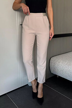 Bel Lastikli Yazı Detaylı Slim Fit Kumaş Pantolon