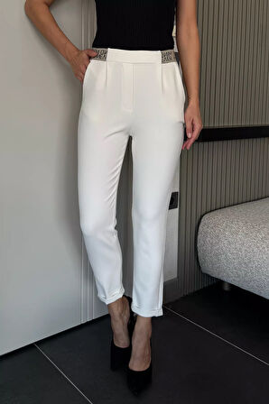 Bel Lastikli Yazı Detaylı Slim Fit Kumaş Pantolon