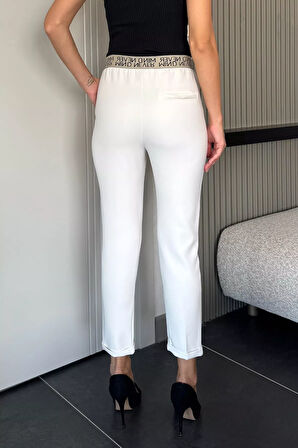 Bel Lastikli Yazı Detaylı Slim Fit Kumaş Pantolon