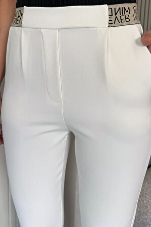 Bel Lastikli Yazı Detaylı Slim Fit Kumaş Pantolon