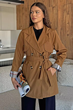 Kadın Ön Düğmeli Bel Kuşaklı Trençkot