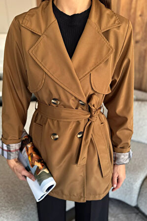 Kadın Ön Düğmeli Bel Kuşaklı Trençkot