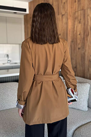 Kadın Ön Düğmeli Bel Kuşaklı Trençkot