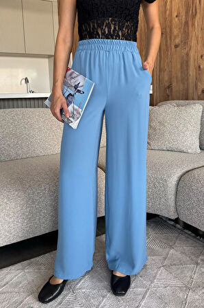 Kadın Bol Paça Bel Lastikli Kumaş Pantolon