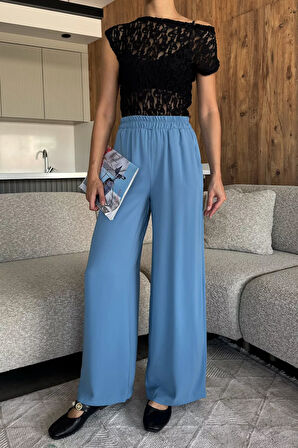 Kadın Bol Paça Bel Lastikli Kumaş Pantolon