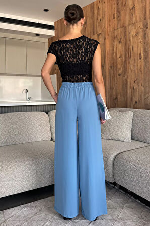 Kadın Bol Paça Bel Lastikli Kumaş Pantolon