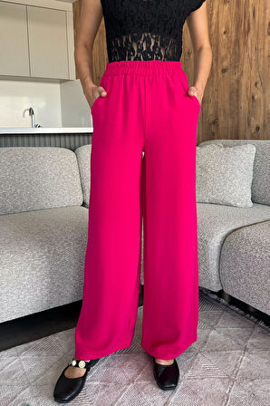 Kadın Bol Paça Bel Lastikli Kumaş Pantolon