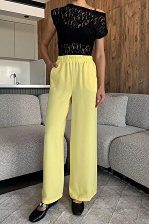 Kadın Bol Paça Bel Lastikli Kumaş Pantolon