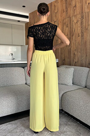 Kadın Bol Paça Bel Lastikli Kumaş Pantolon