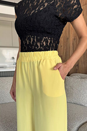 Kadın Bol Paça Bel Lastikli Kumaş Pantolon