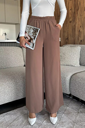 Kadın Bol Paça Bel Lastikli Kumaş Pantolon