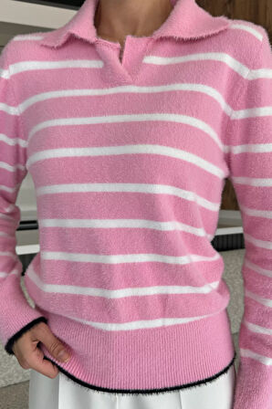 Kadın Polo Yaka Çizgi Desenli Sakallı Triko Kazak (s-m-l-xl Beden Uyumludur.)