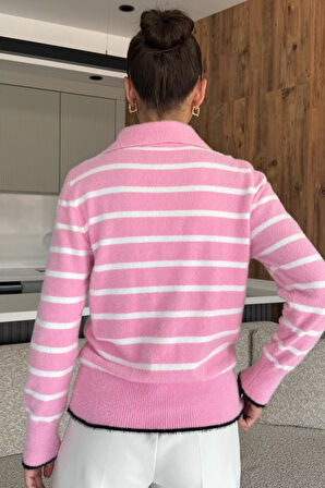 Kadın Polo Yaka Çizgi Desenli Sakallı Triko Kazak (s-m-l-xl Beden Uyumludur.)