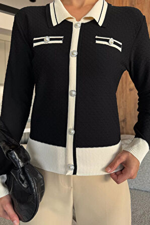 Kadın Polo Yaka İncili Düğme Detaylı Triko Hırka (s-m-l Beden Uyumludur.)