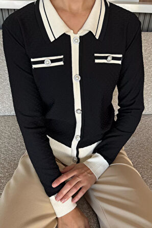 Kadın Polo Yaka İncili Düğme Detaylı Triko Hırka (s-m-l Beden Uyumludur.)