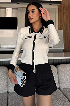 Kadın Polo Yaka İncili Düğme Detaylı Triko Hırka (s-m-l Beden Uyumludur.)