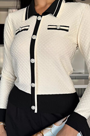 Kadın Polo Yaka İncili Düğme Detaylı Triko Hırka (s-m-l Beden Uyumludur.)