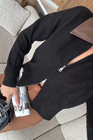 Kadın Polo Yaka Deri Garnili Fermuarlı Triko Hırka (s-m-l Beden Uyumludur.)