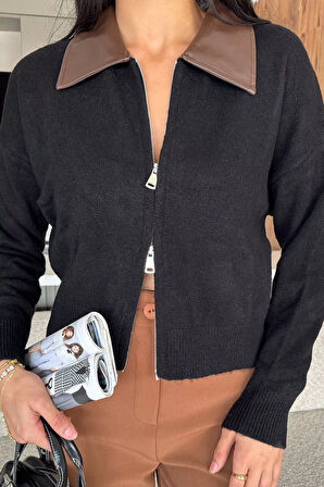 Kadın Polo Yaka Deri Garnili Fermuarlı Triko Hırka (s-m-l Beden Uyumludur.)