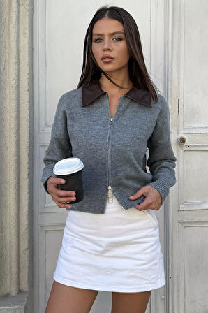 Kadın Polo Yaka Deri Garnili Fermuarlı Triko Hırka (s-m-l Beden Uyumludur.)