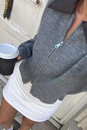 Kadın Polo Yaka Deri Garnili Fermuarlı Triko Hırka (s-m-l Beden Uyumludur.)