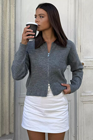 Kadın Polo Yaka Deri Garnili Fermuarlı Triko Hırka (s-m-l Beden Uyumludur.)