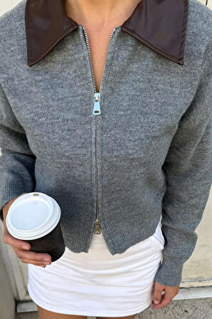 Kadın Polo Yaka Deri Garnili Fermuarlı Triko Hırka (s-m-l Beden Uyumludur.)