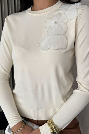 Kadın Bisiklet Yaka Çiçek Figürlü Triko Bluz