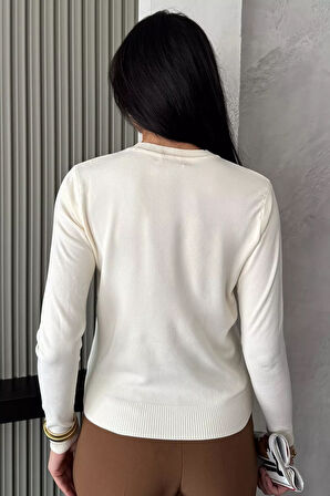 Kadın Bisiklet Yaka Çiçek Figürlü Triko Bluz