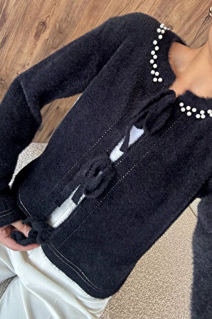 Kadın Ön Bağlamalı İnci Detaylı Yumoş Triko Ceket (s-m-l Uyumludur)