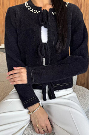 Kadın Ön Bağlamalı İnci Detaylı Yumoş Triko Ceket (s-m-l Uyumludur)