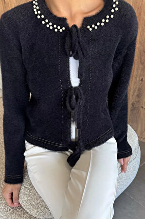 Kadın Ön Bağlamalı İnci Detaylı Yumoş Triko Ceket (s-m-l Uyumludur)