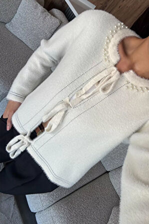 Kadın Ön Bağlamalı İnci Detaylı Yumoş Triko Ceket (s-m-l Uyumludur)