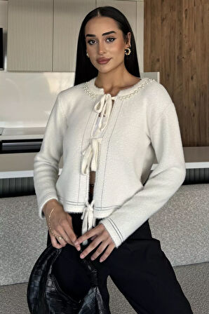 Kadın Ön Bağlamalı İnci Detaylı Yumoş Triko Ceket (s-m-l Uyumludur)