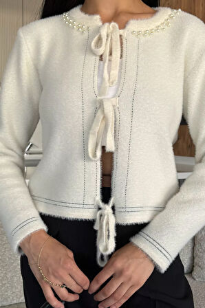 Kadın Ön Bağlamalı İnci Detaylı Yumoş Triko Ceket (s-m-l Uyumludur)