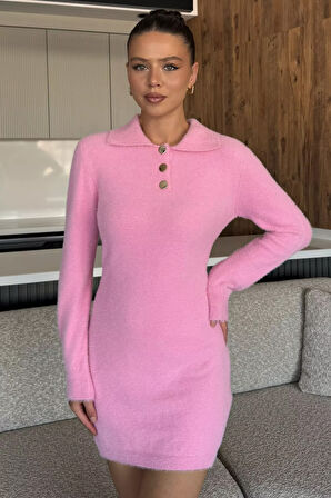 Kadın Polo Yaka Yumoş İplik Triko Mini Elbise (s-m-l Uyumludur)