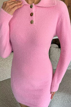 Kadın Polo Yaka Yumoş İplik Triko Mini Elbise (s-m-l Uyumludur)