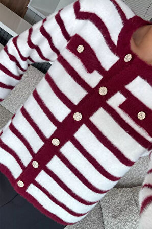 Kadın Çizgi Desenli Gold Düğmeli Yumoş Triko Ceket (s-m-l-xl Beden Uyumludur.)