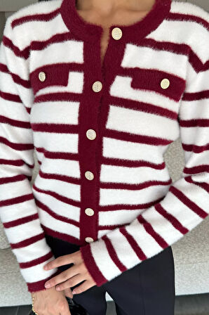 Kadın Çizgi Desenli Gold Düğmeli Yumoş Triko Ceket (s-m-l-xl Beden Uyumludur.)