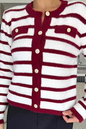 Kadın Çizgi Desenli Gold Düğmeli Yumoş Triko Ceket (s-m-l-xl Beden Uyumludur.)