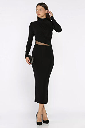 Kadın Omuz Ve Bel Drapeli Tül Detaylı Likralı Elbise