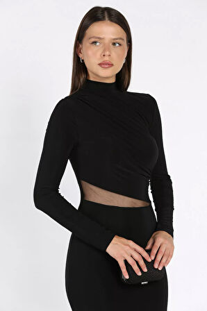 Kadın Omuz Ve Bel Drapeli Tül Detaylı Likralı Elbise