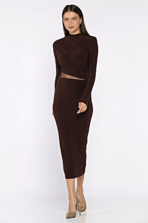 Kadın Omuz Ve Bel Drapeli Tül Detaylı Likralı Elbise