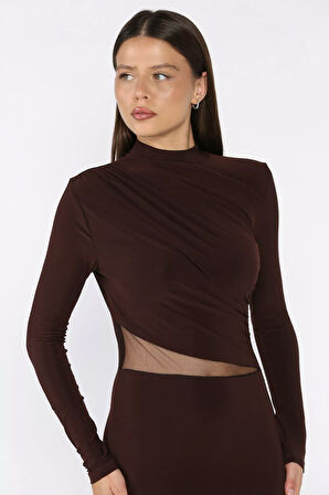 Kadın Omuz Ve Bel Drapeli Tül Detaylı Likralı Elbise