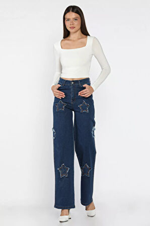 Kadın Yüksek Bel Yıldız Figürlü Likralı Palazzo Jean Kot Pantolon