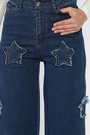 Kadın Yüksek Bel Yıldız Figürlü Likralı Palazzo Jean Kot Pantolon