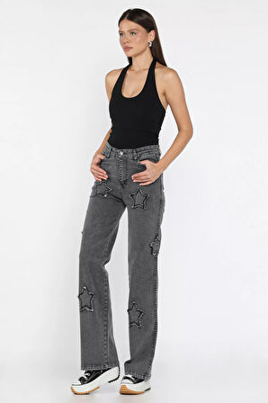 Kadın Yüksek Bel Yıldız Figürlü Likralı Palazzo Jean Kot Pantolon