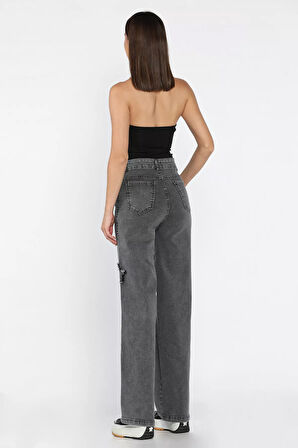 Kadın Yüksek Bel Yıldız Figürlü Likralı Palazzo Jean Kot Pantolon